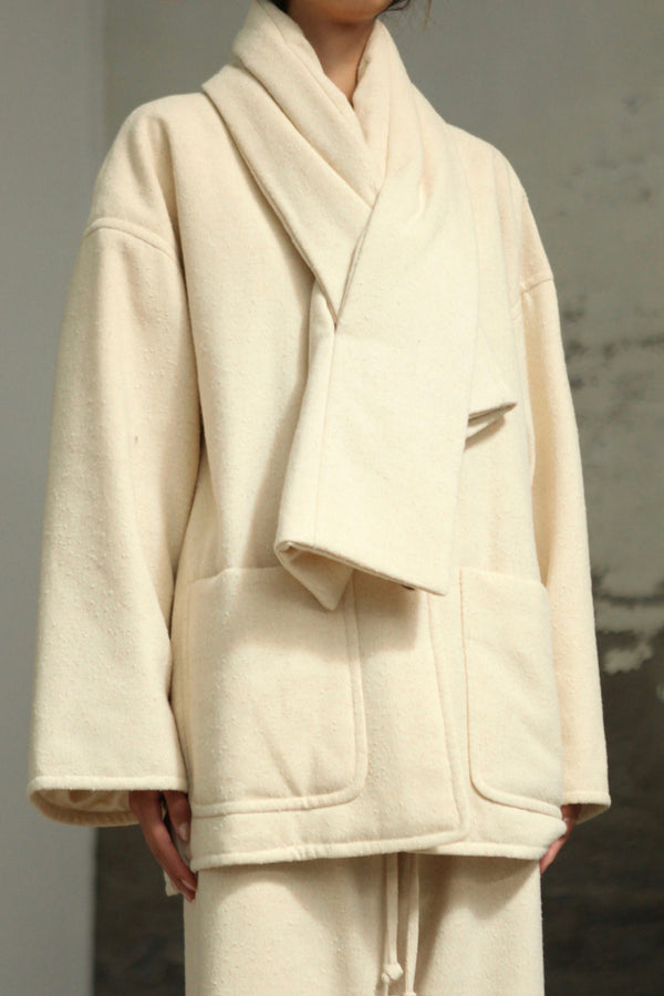 INTO THE EAST 25 Autumn/Winter Ivory White Textured Scarf/Cotton Jacket with Frayed Edges Straight Leg Pants ITE-E1DGAW102IY20JK-XYB Cotton Jacket